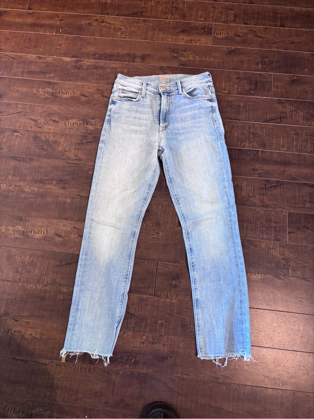 MOTHER Light Blue Straight-Leg Jeans with Frayed Hem